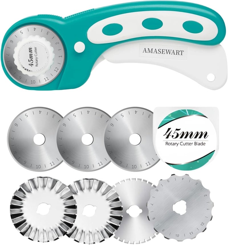 AMASEWART 45mm Rotary Cutter for Fabric with 8pcs Rotary Blades, Rolling Fabric Cutter Crochet Edge Skip Stitch Blade Perforating Rotary Blade, Pinking Rotary Cutter for Quilting Crafts Sewing - Image 1